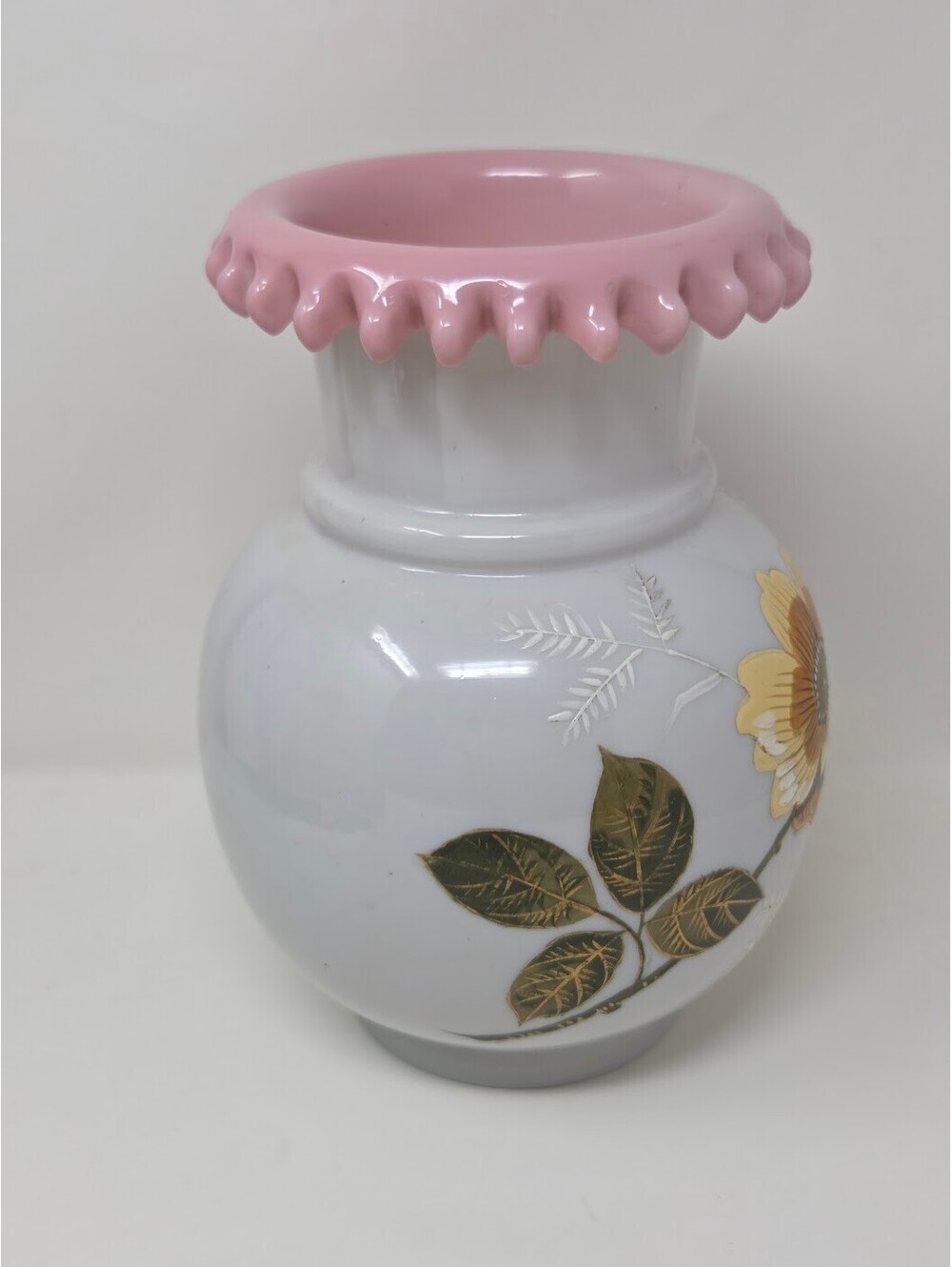Pink Ruffled Rim Milk Glass Vase Hand Painted Floral Design 10 Inch Decor - Picture 6 of 8